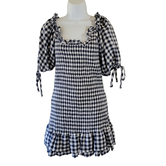Anthropologie MABLE Blue/White Gingham Smocked Mini Dress Sz M Y2K Peasant Fairy - Picture 2 of 12
